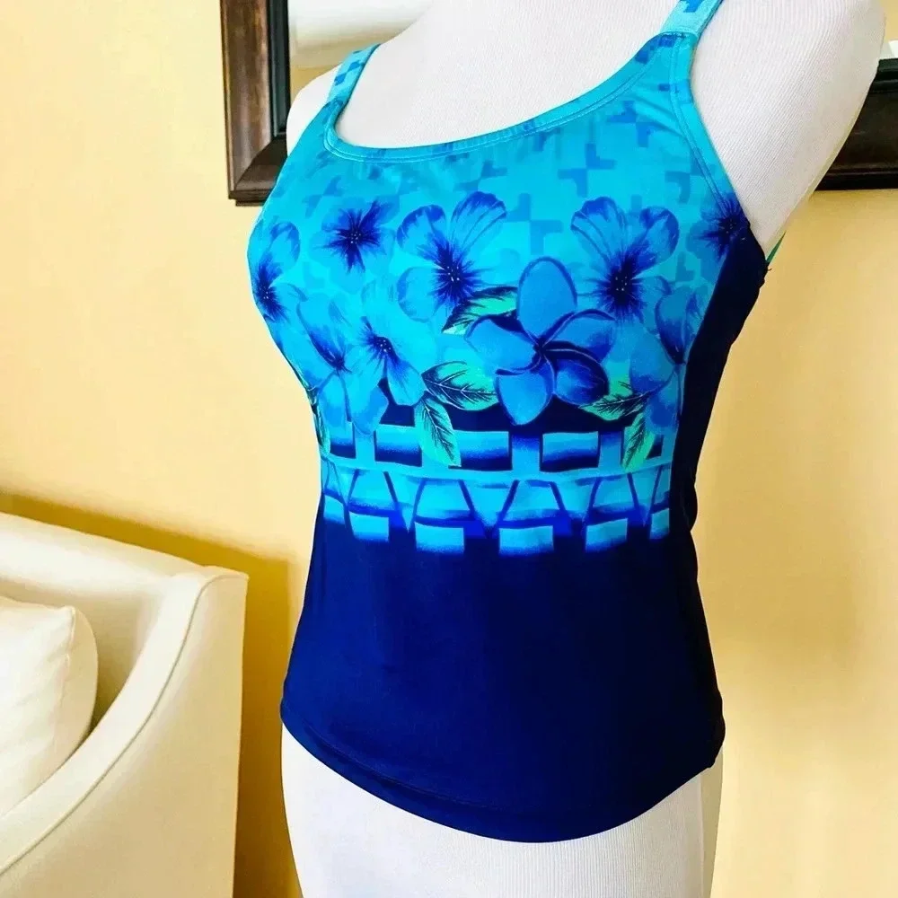 Speedo Aqua Blue Floral Tankini Top High Performance Size 10/8